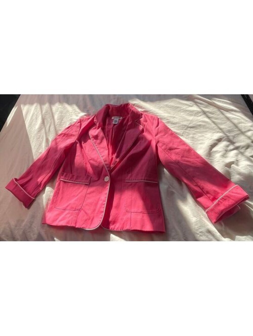 Isaac Mizrahi Pink Cotton Blend Blazer with White Piping, Size Large